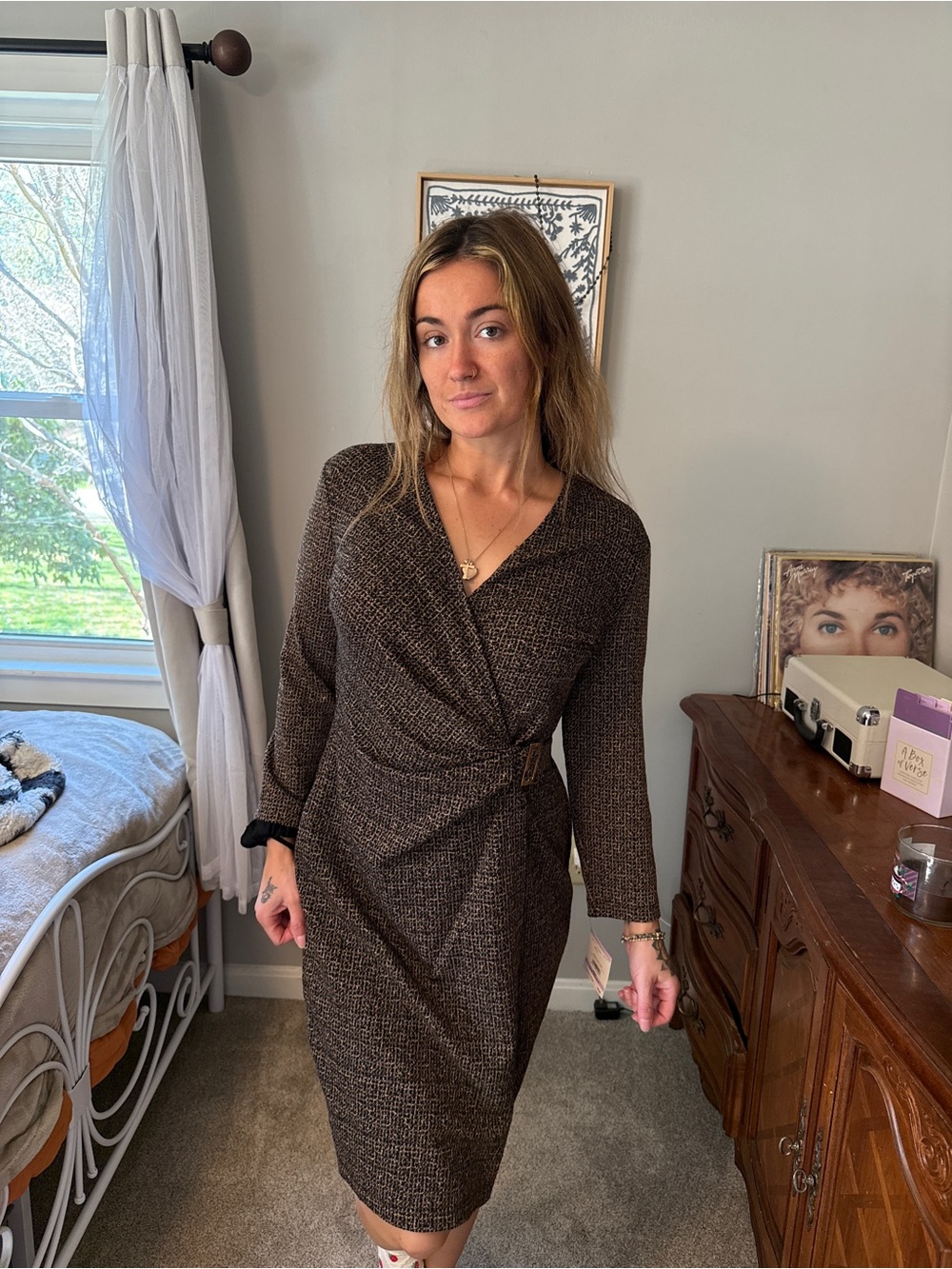 Anne Klein Brown Textured Wrap Sheath Dress
